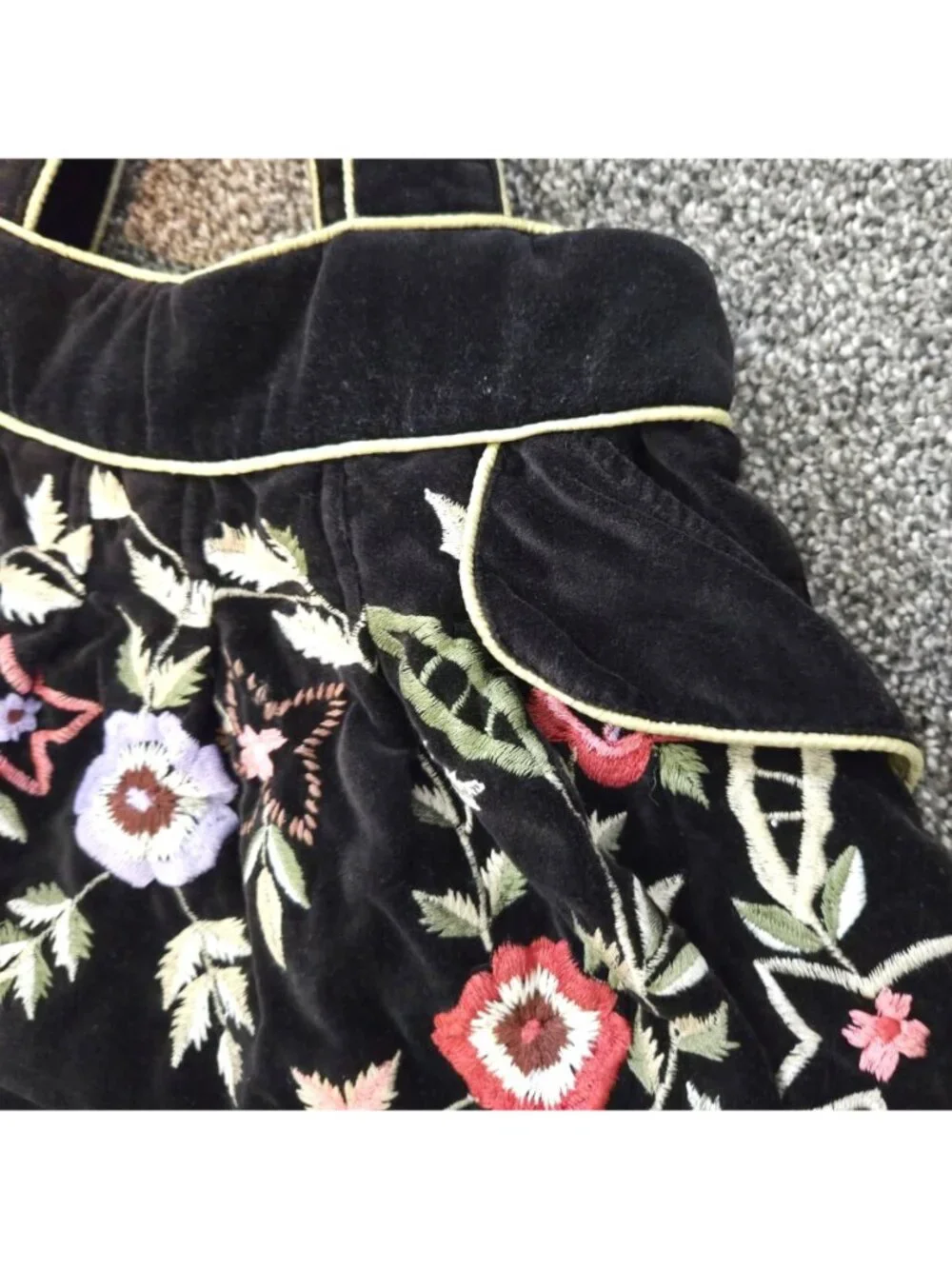 Vintage Black Velvet Floral Embroidered Tote Bag Boho Slouchy Shoulder Purse
